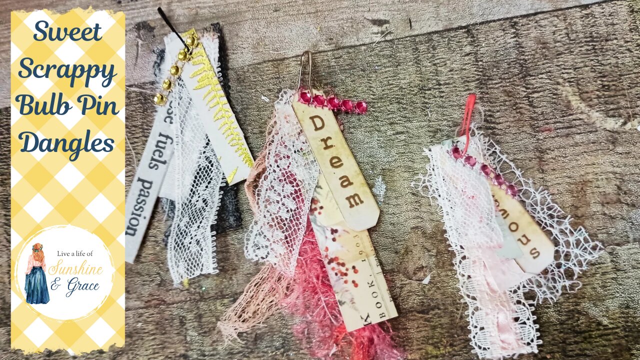 Sweet Scrappy Bulb Pin Dangles, scrap buster project, shabby chic style, junk journal ephemera