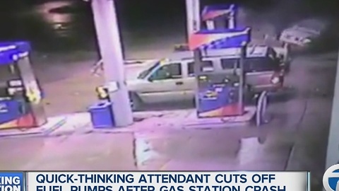 Video captures crash of car through gas station gas pump