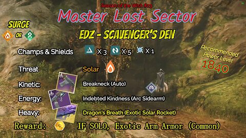 Destiny 2 Master Lost Sector: EDZ - Scavenger's Den on my Arc Hunter 2-10-24