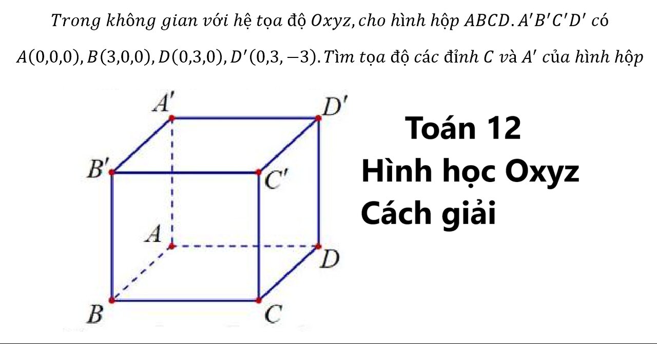 Trong không gian với hệ tọa độ Oxyz,cho hình hộp ABCD.A'B'C'D' cóA(0,0,0),B(3,0,0),D(0,3,0),