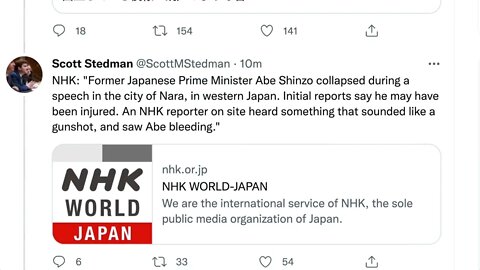 🟨日本前首相安倍晉三在日本西部奈良市發表演講時暈倒。 初步報告稱他可能受傷了。 NHK記者在現場聽到類似槍聲的聲音，看到安倍在流血🟨
