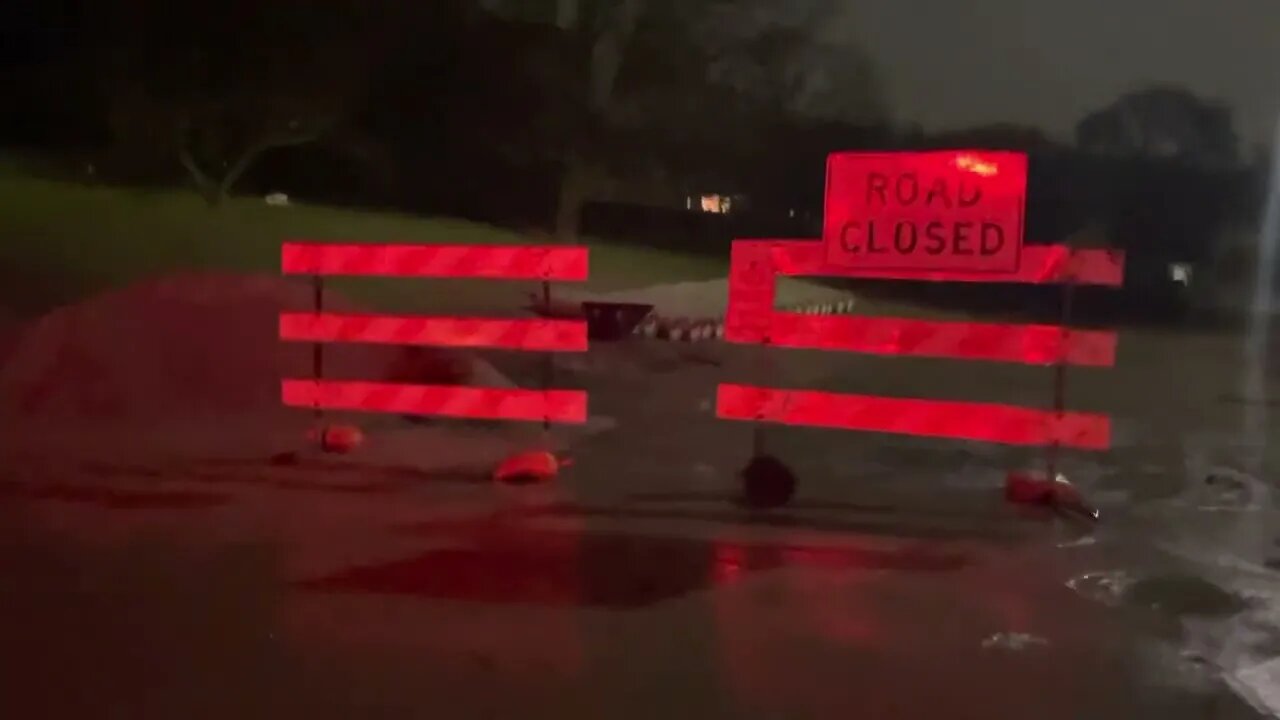 Heavy Rains, Lightning & Thunder @ Night. Road Construction Project.