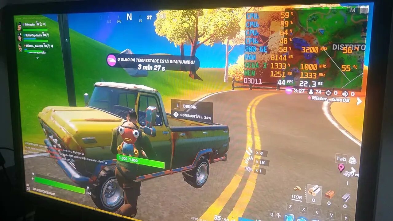 Athlon 200GE com Vega 3, testando Fortnite em 1920x1080p competitivo.