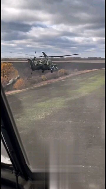 The modernized Mil Mi-28NM combat helicopter of the Russian Air Force carries out an attack on the