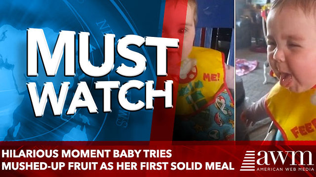 Hilarious moment baby tries mushed-up fruit as her first solid meal