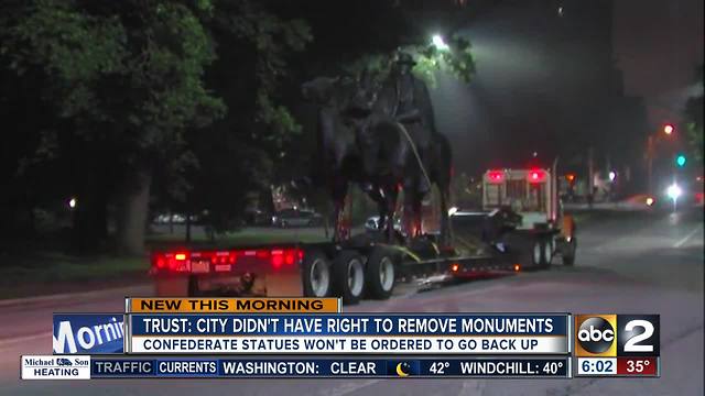 Historical trust says city didn't have right to remove confederate statues