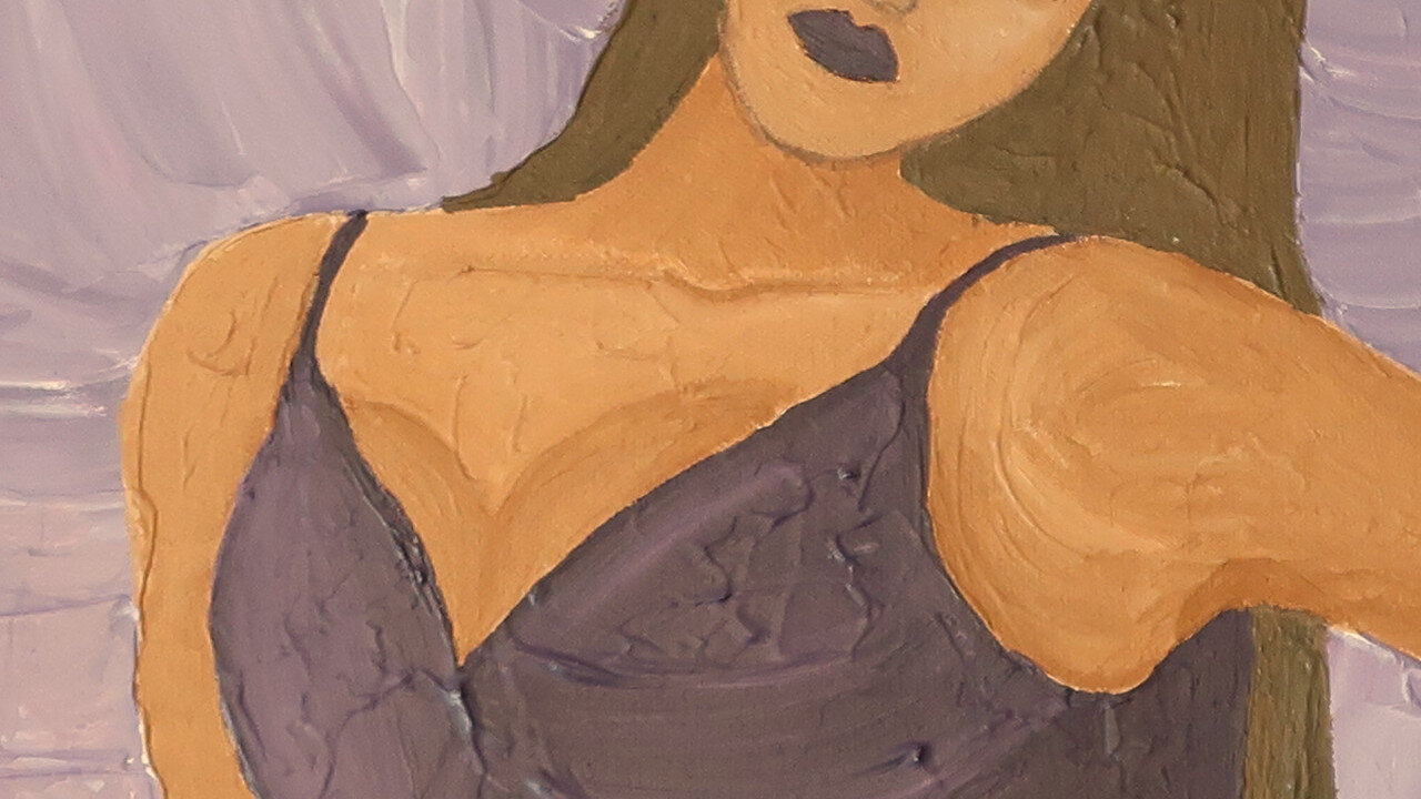 Last Night acrylic painting of Amara posing in a purple dress