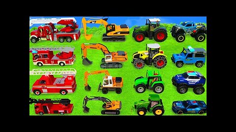 Excavator, Tractor, Fire Trucks & Police Cars for Kids!