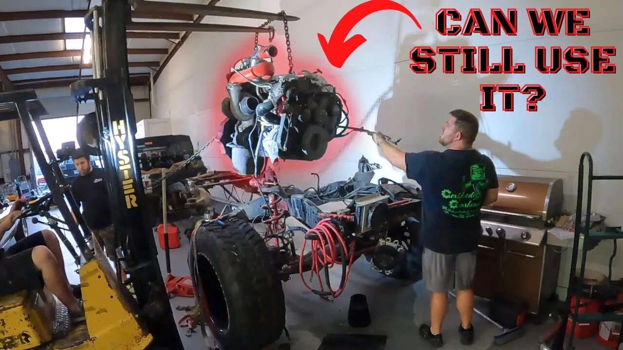 Pulling the 800HP Compound Turbo Cummins out of the totaled WhistlinDiesel frame(Salvageable?)