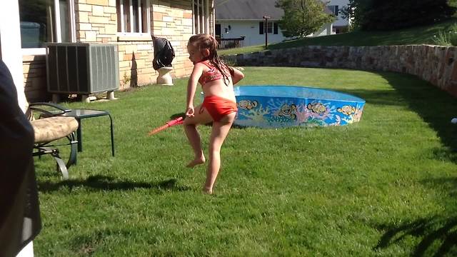 Two Dogs Chase A Little Girl Into A Kiddie Pool