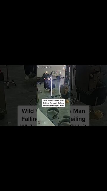 Footage shows a guy falling through the ceiling while repairing AC unit