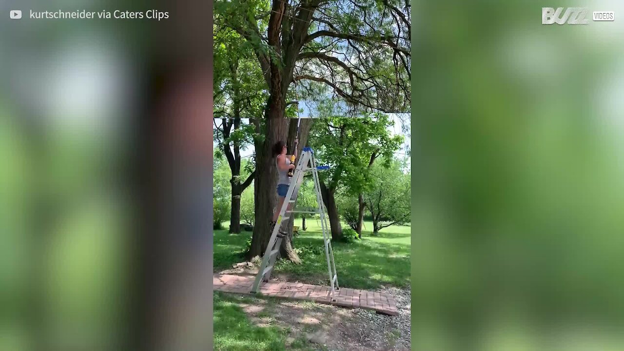 Cette femme se fait emporter par la branche qu'elle coupe