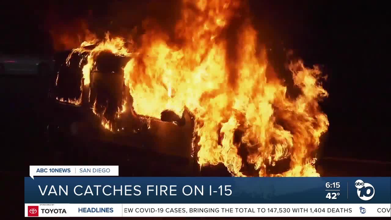 Van bursts into flames on I-15