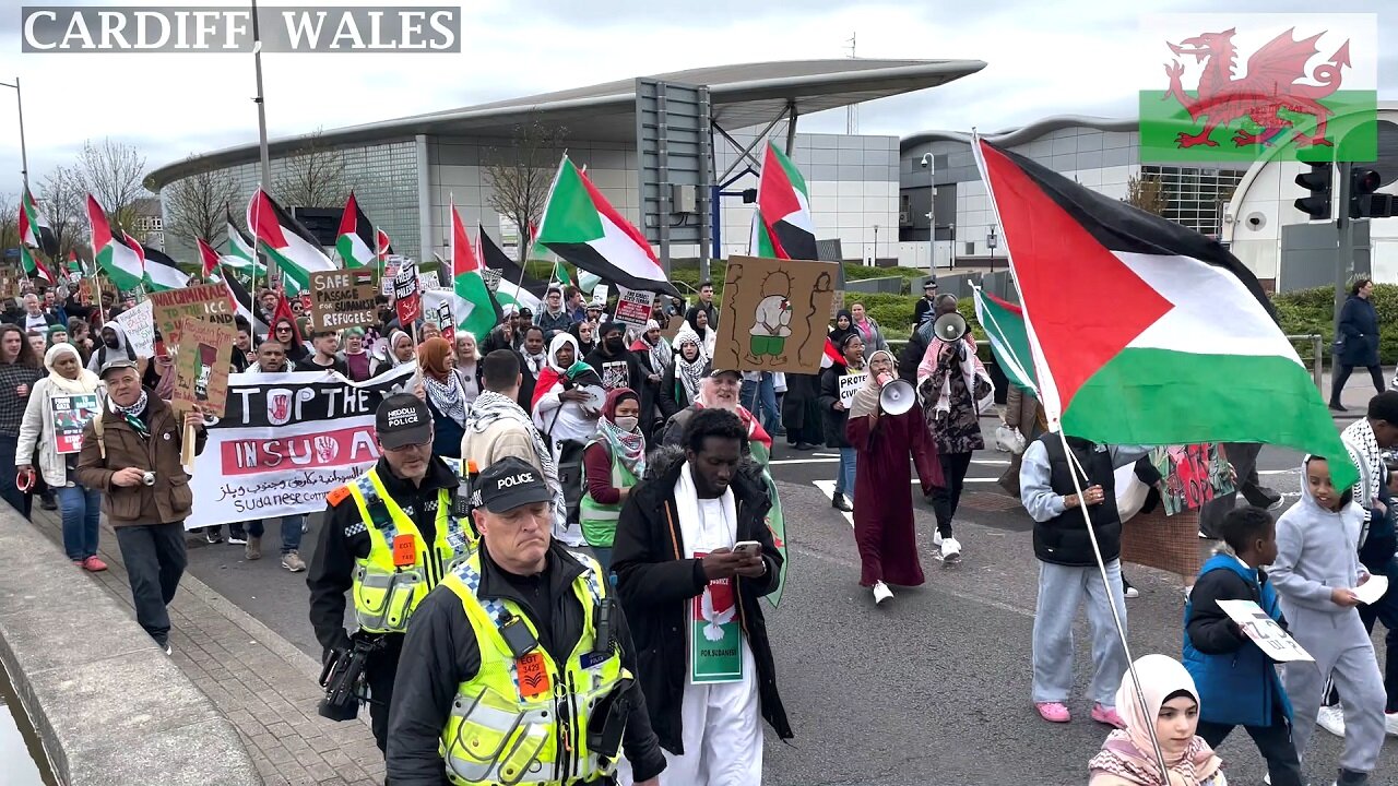 Global March for Sudan and Palestine, Lloyd George Ave, Cardiff Wales