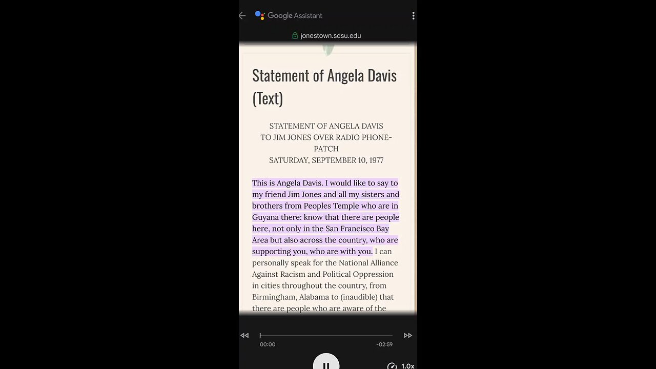 Black Panther Angela Davis letter to her friend and communist Jim Jones of The People's Temple.