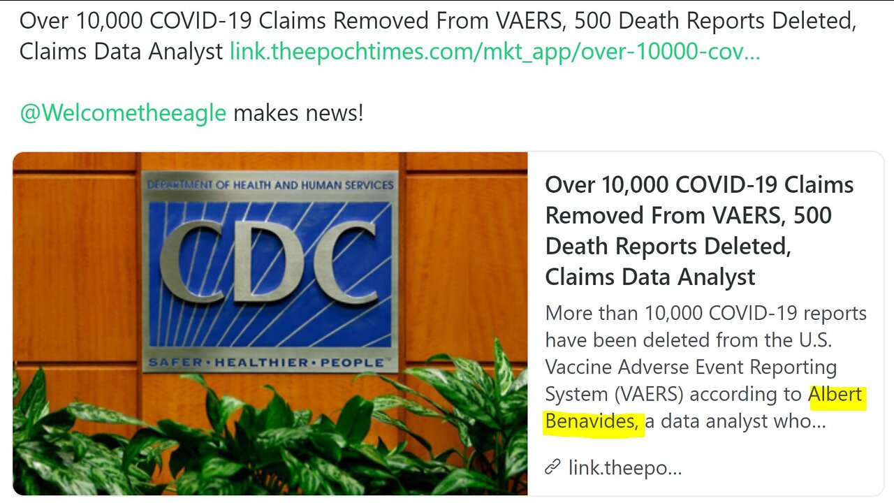 Epoch Times Reports Mass VAERS Reports Deletions According to WelcomeTheEagle