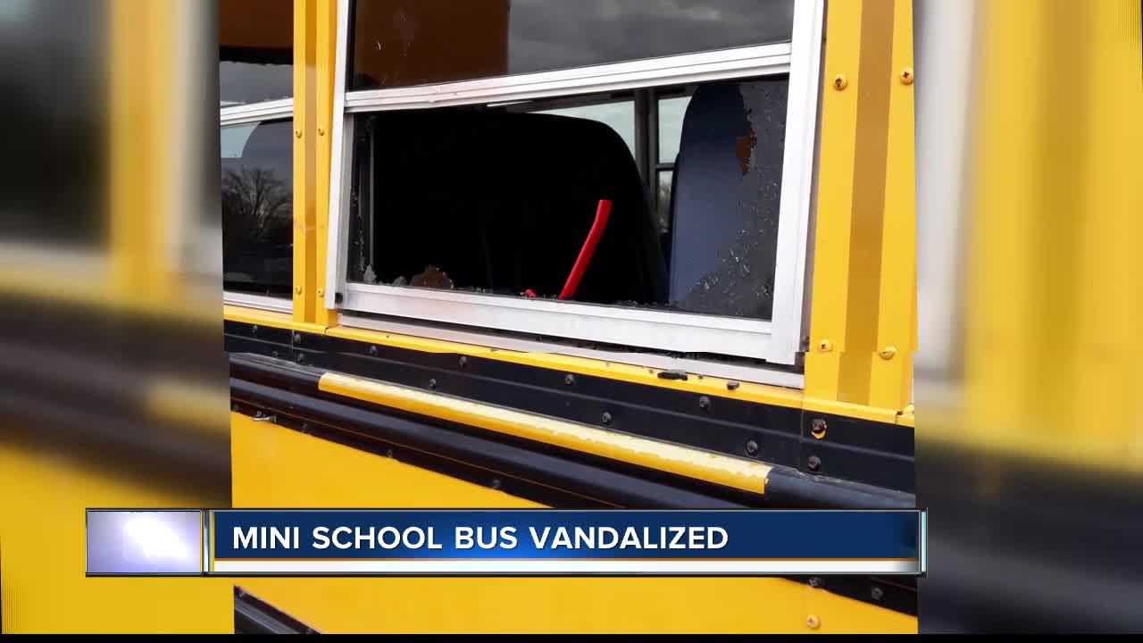 Mini school bus for refugees vandalized