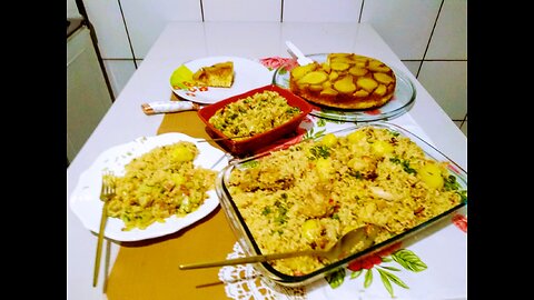 CHICKEN, CHAYOTE SAUTE WITH BACON AND CREAM CHEESE, PEAR CAKE