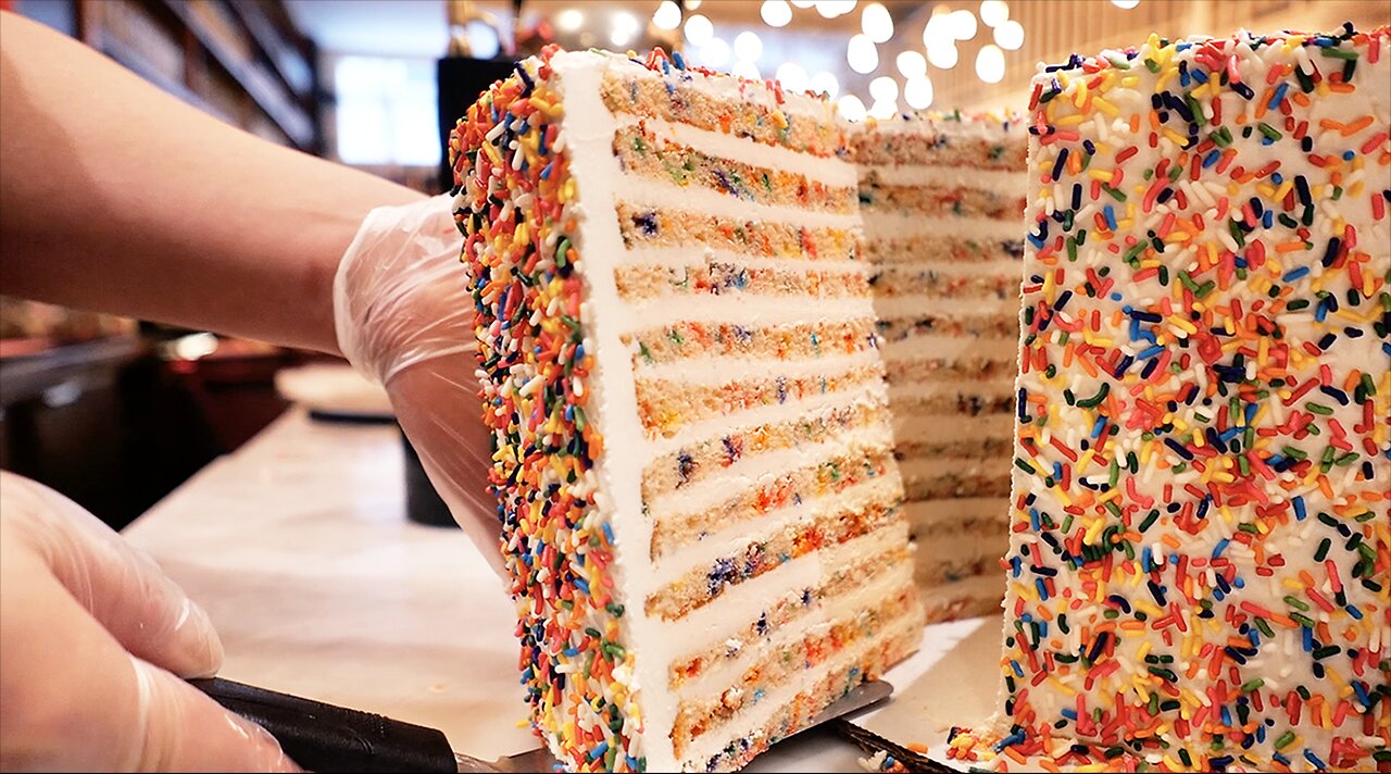 New York City Food - 24 LAYER RAINBOW CONFETTI CAKE Maison Pickle NYC