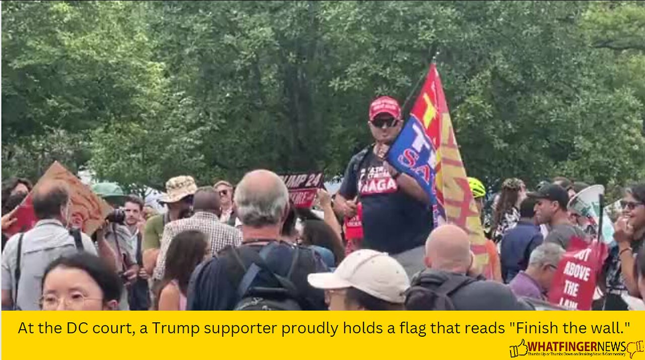 At the DC court, a Trump supporter proudly holds a flag that reads "Finish the wall."