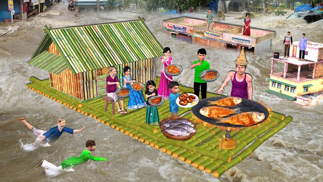 River Ganga Bamboo Raft Floating Shelter House Fish Cooking Street Food Hindi Kahani Moral Stories