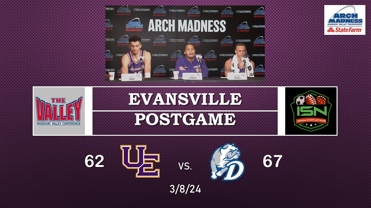 Evansville PostGame Coach Ragland, #10Yacine Toumi, #2Antonio Thomas 75-59 Loss to Drake MVC Tourney