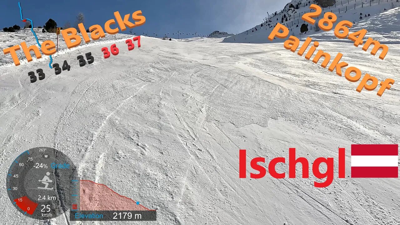 [4K] Skiing Ischgl, The Blacks 33, 34 and 35 Starting from Palinkopf 2864m, Austria, GoPro HERO11