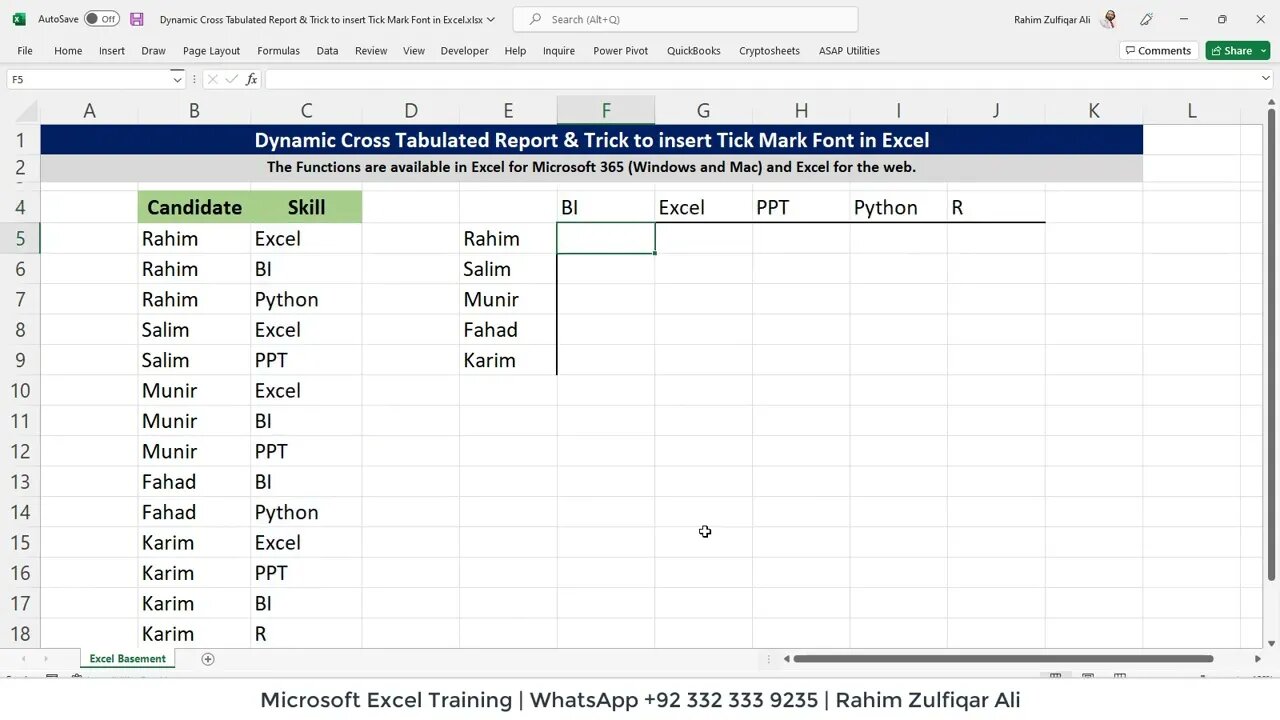 Dynamic Cross Tabulated Report & Trick to insert Tick Mark Font in Excel