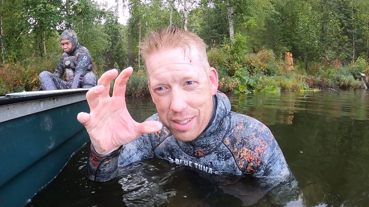 Spear Fishing for Pike in Alaska - Northern Pike Catch and Cook! Swimming in cold and murky water!