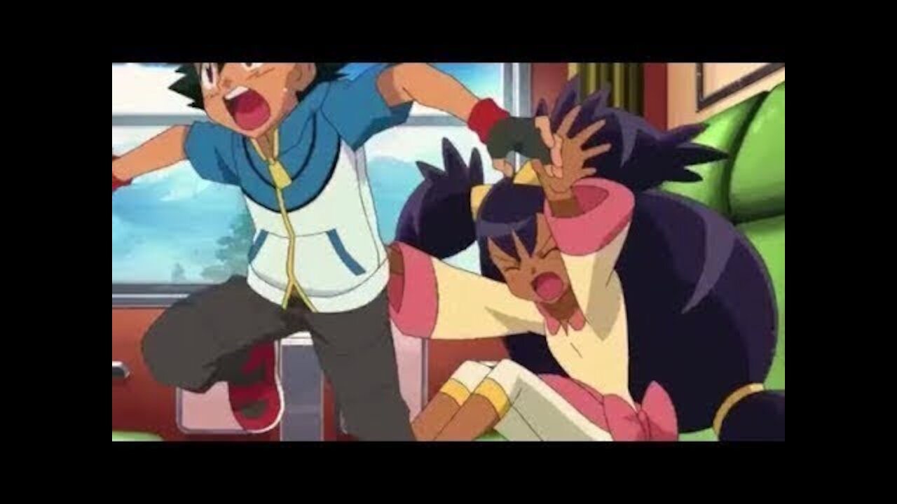 Pokemon Keldeo Movie: Iris pushes Ash off of her and towards Cilan