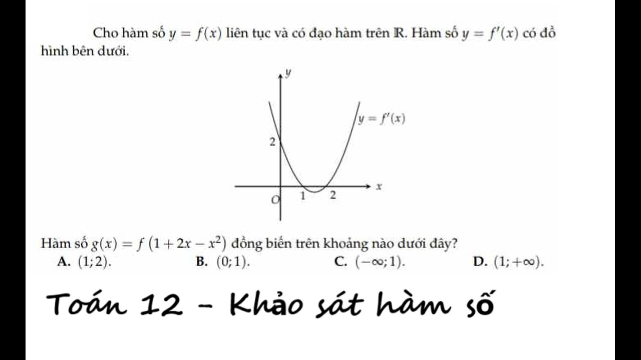 Toán 12: Cho hàm số y=f(x) liên tục và có đạo hàm trên R có f'(x). Hàm số g(x)=f(1+2x-x^2) đồng biến