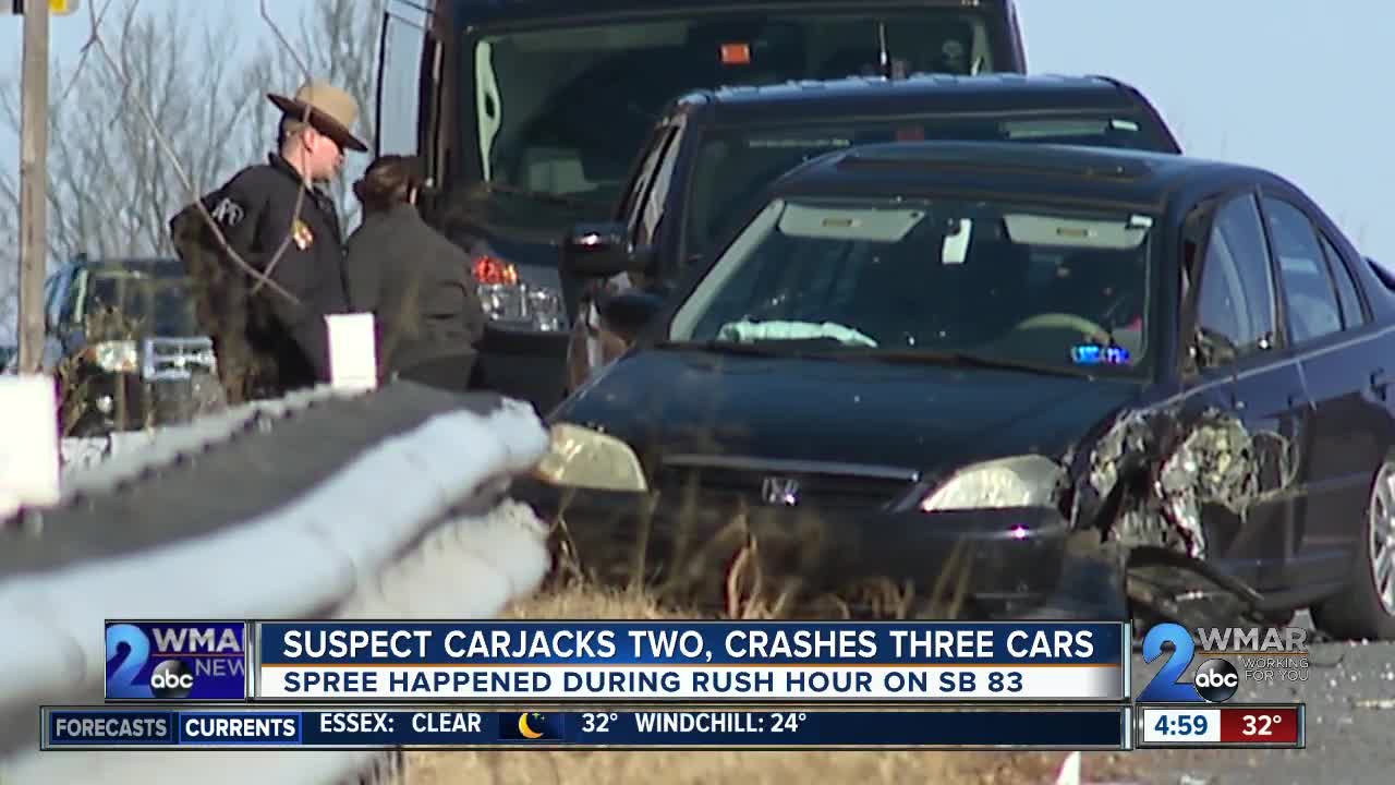 Suspect carjacks two, crashes three cars on I-83