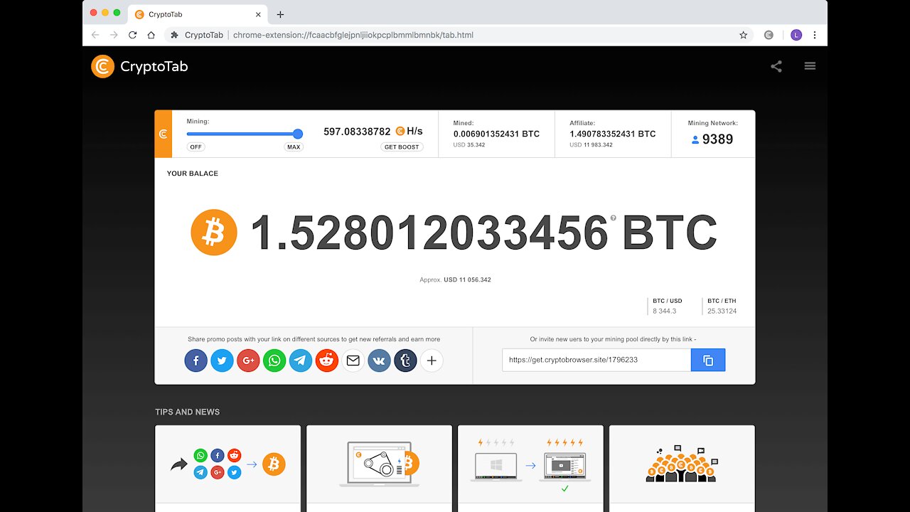 7 BTC Crypto Tab Invite users to your mining network and get income! Earn FREE BITCOIN passively !!! Free browser for mining CryptoTab (AFTER)