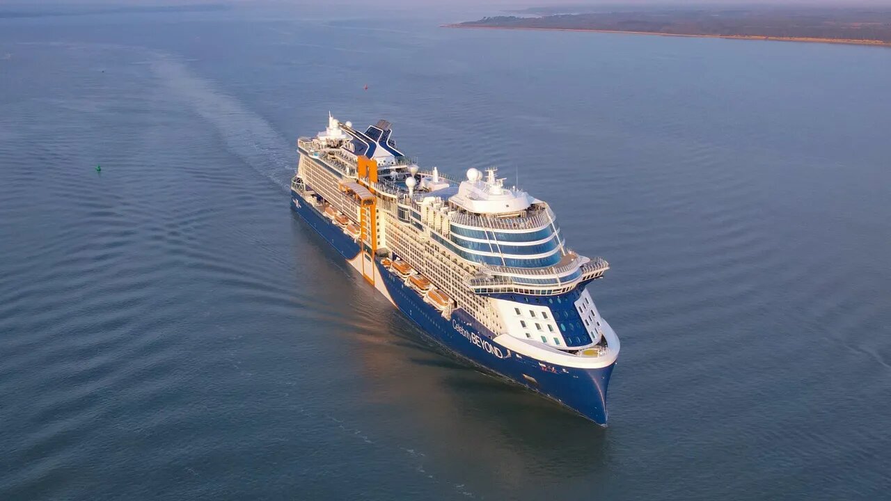 Celebrity Beyond new cruise ship inbound to Southampton UK 21/04/2022 4k drone ariel footage