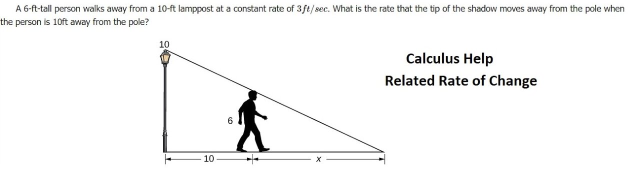 A 6-ft-tall person walks away from a 10-ft lamppost at a constant rate of 3ft/sec. What is rate