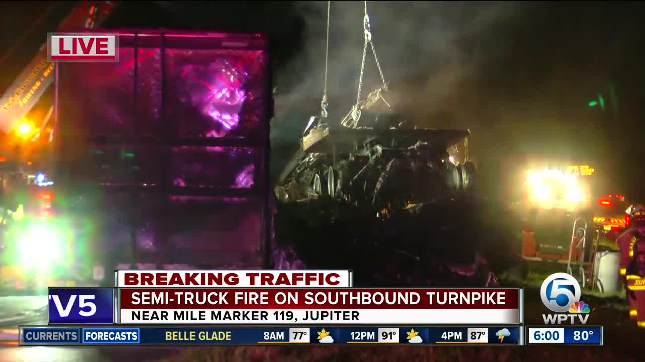 Semi hauling produce catches fire on Turnpike southbound near Jupiter