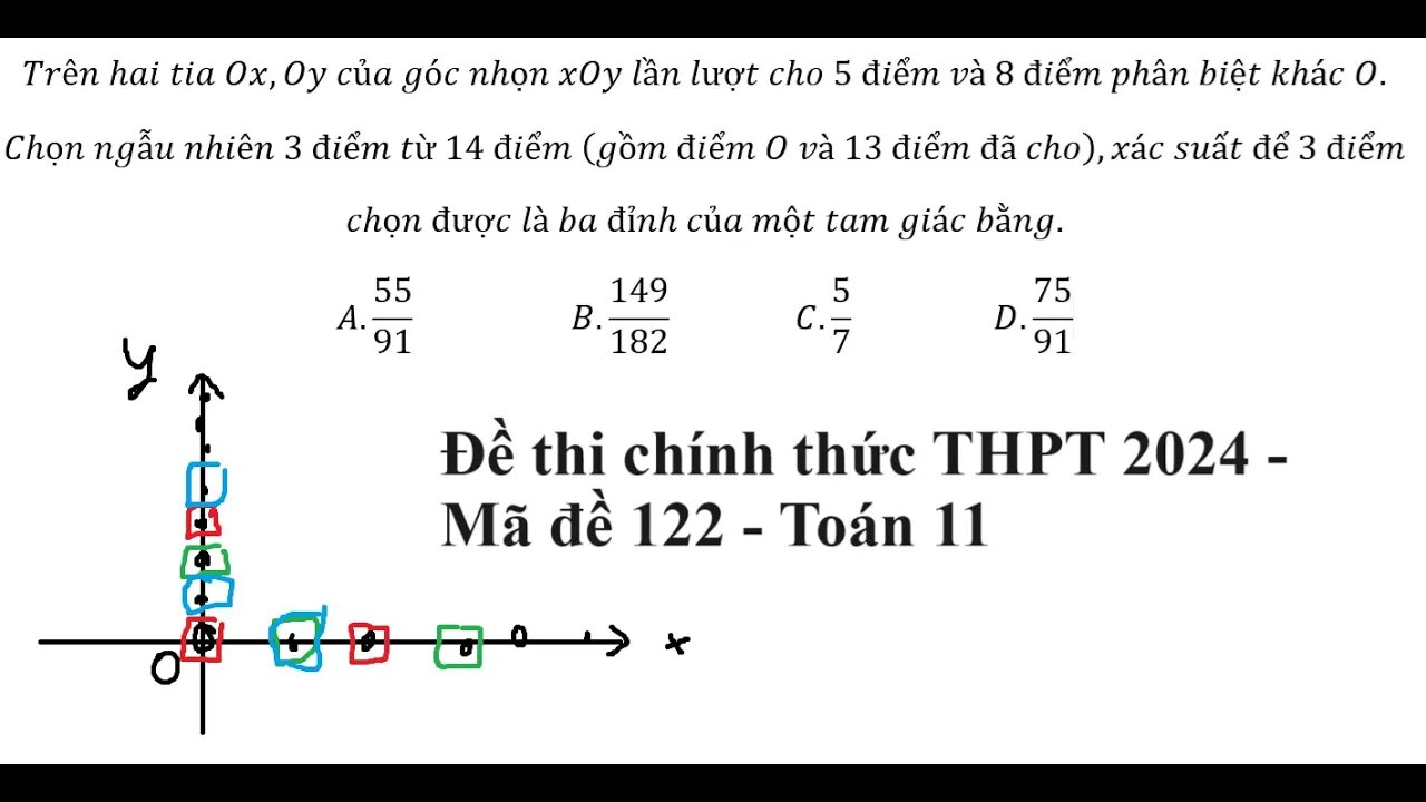 Chính thức 2024: Mã đề 122: Trên hai tia Ox,Oy của góc nhọn xOy lần lượt cho 5 điểm và 8 điểm phân