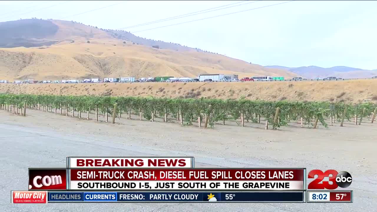 Crash causes lane closures, diesel fuel spill on southbound I-5