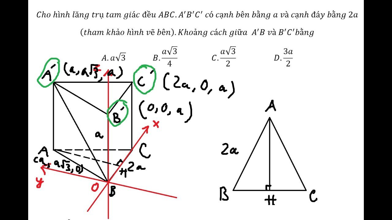 Thủ thuật CASIO: Tọa độ hóa: Cho hình lăng trụ tam giác đều ABC.A^' B^' C^' có cạnh bên bằng a và c