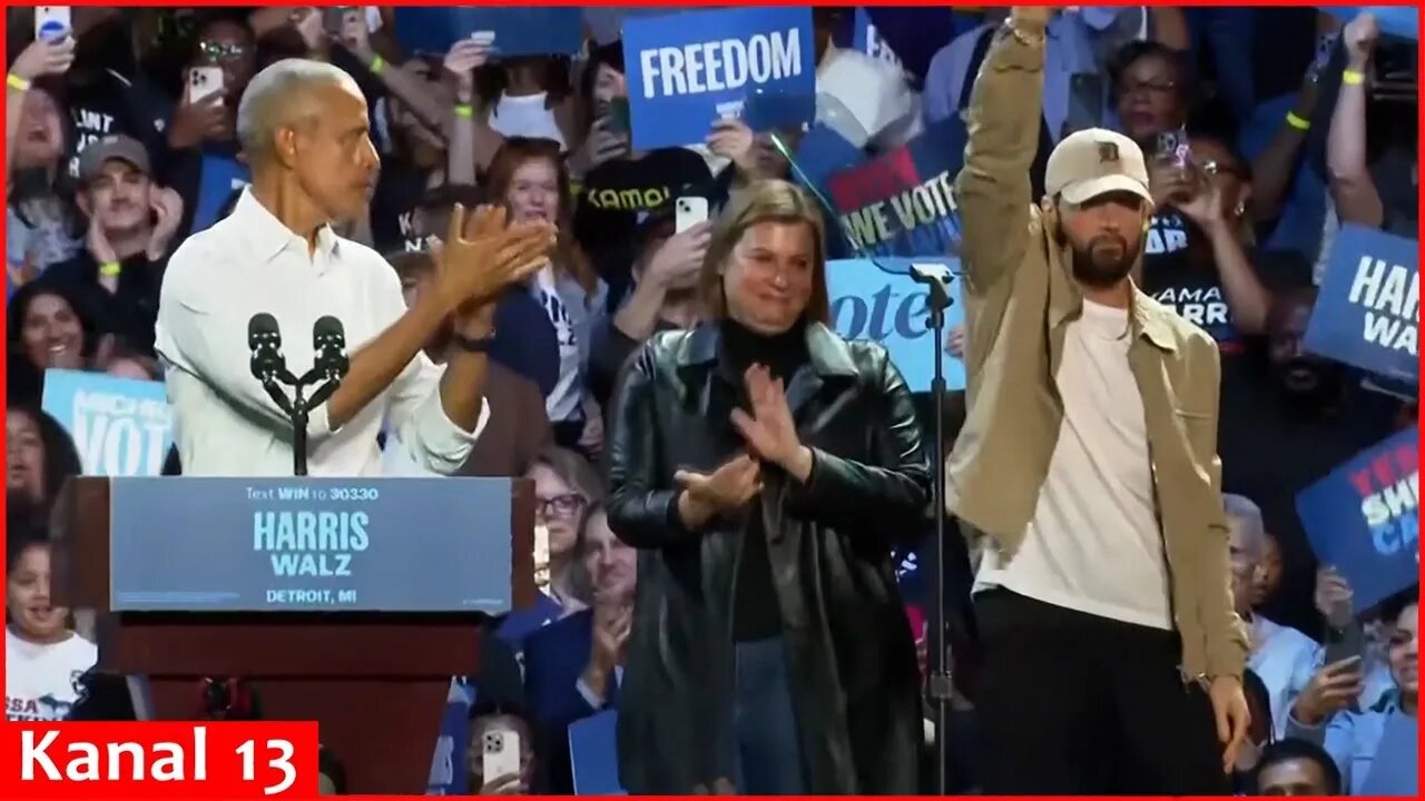 Rapper Eminem and Obama rally voters for Kamala Harris in Detroit