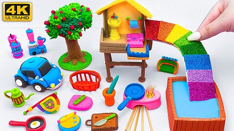 How To Make Miniature Clay House with Washroom Set Rainbow Slide Slime Swimming Pool Kitchen set