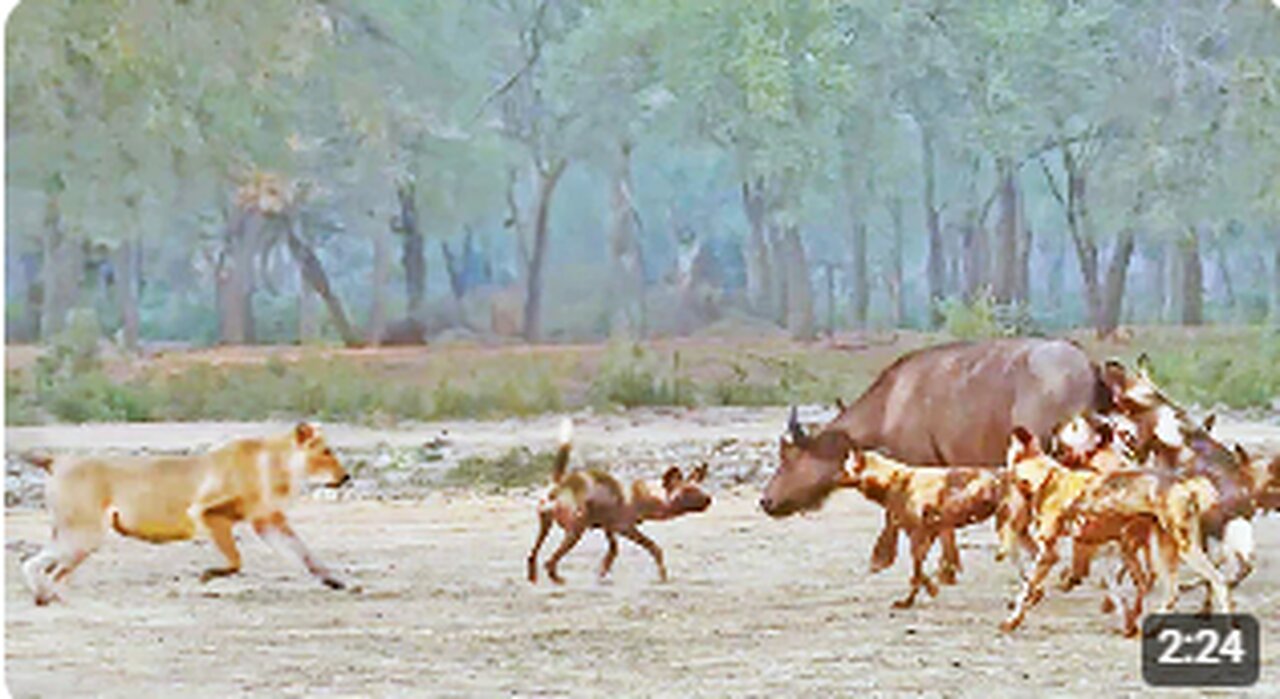 Lions Save Buffalo from a Terrifying Ending by Wild Dogs