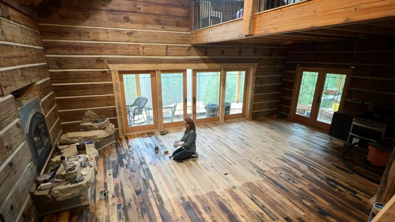 Finishing our RECLAIMED HARDWOOD FLOORING in our Log Home (#119)