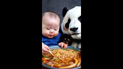 panda loves noodles| spaghetti and kid | kid gives food to panda | panda and a kid