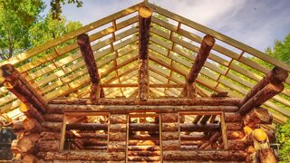 Building an Off Grid Log Cabin Alone in the Wilderness, Ep20, Roof Framing is Finished