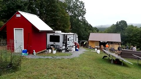 Working on the pavilion today getting the wood stove going as well.