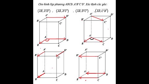 Nhận biết: Cho hình lập phương ABCD.A'B'C'D'. Xác định các góc