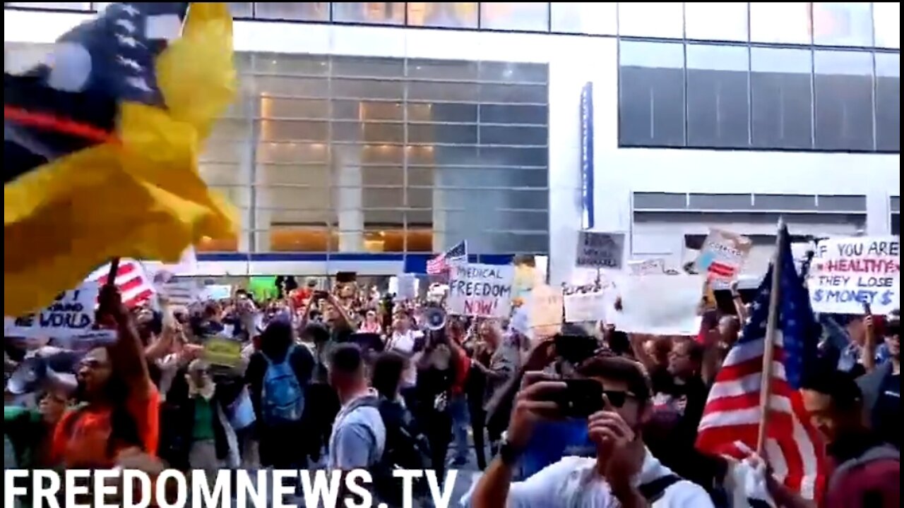 Anti Vaccine Mandate Protesters Chant 'Defund The Media' At NY Times Building