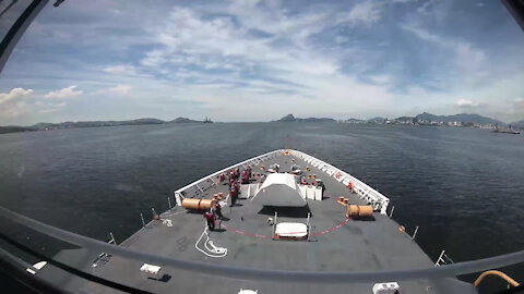 B-Roll USCGC Stone (WMSL 758) departs Rio De Janeiro