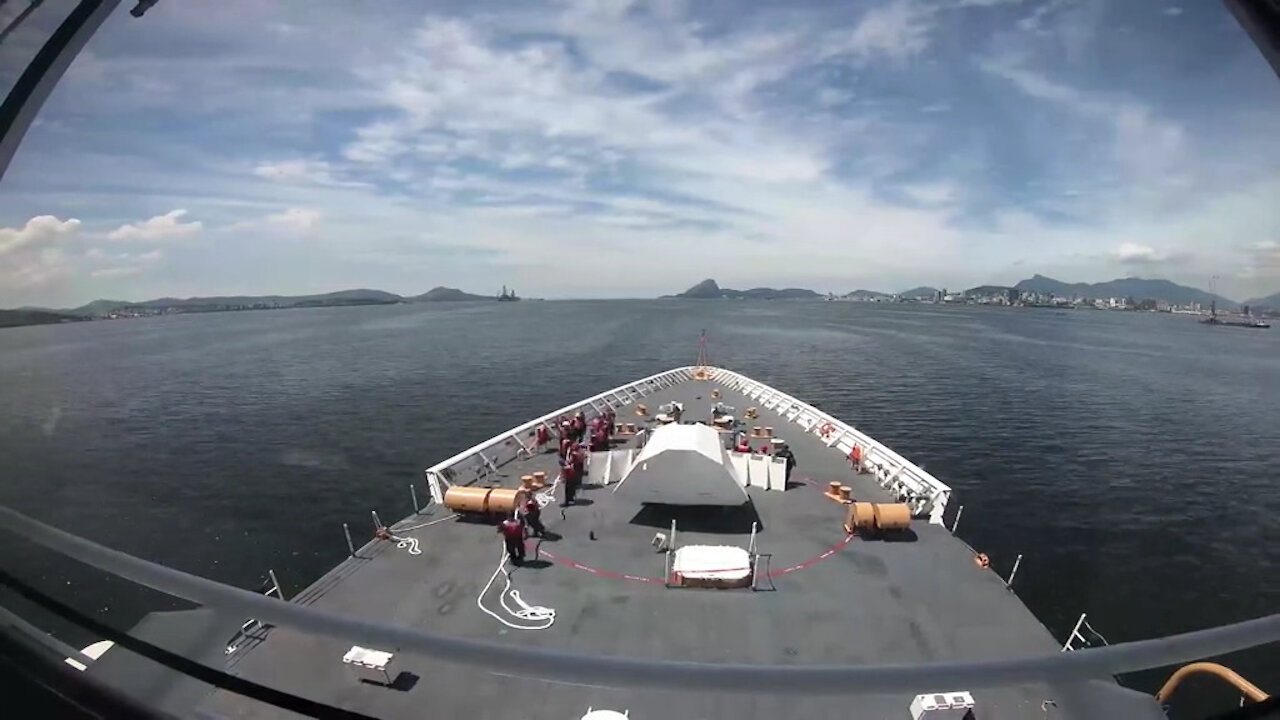 B-Roll USCGC Stone (WMSL 758) departs Rio De Janeiro